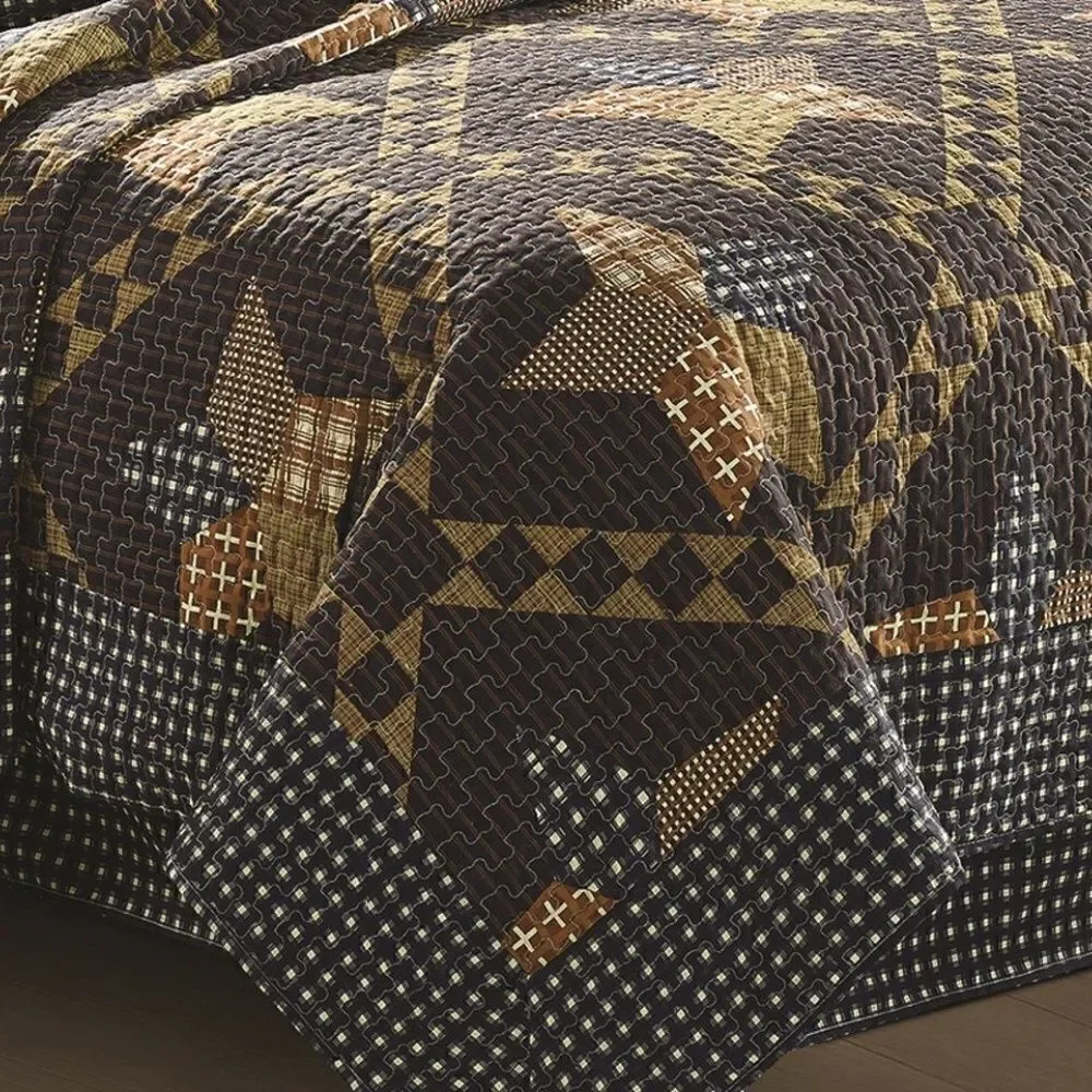 Primitive Star Farmhouse Black Brown Printed King Size Quilt Set Country Cottage